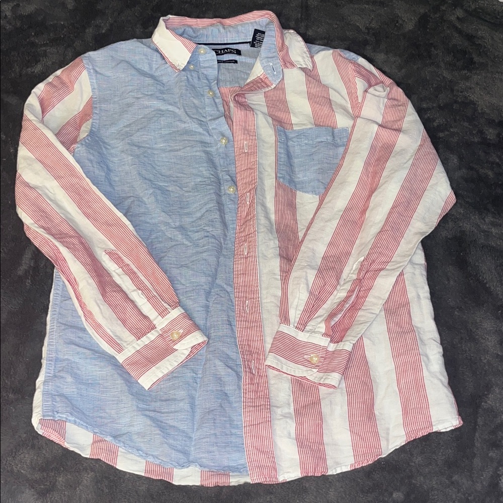CHAPS S Linen Cotton Long Sleeve July 4th Beach Coverup Button Up